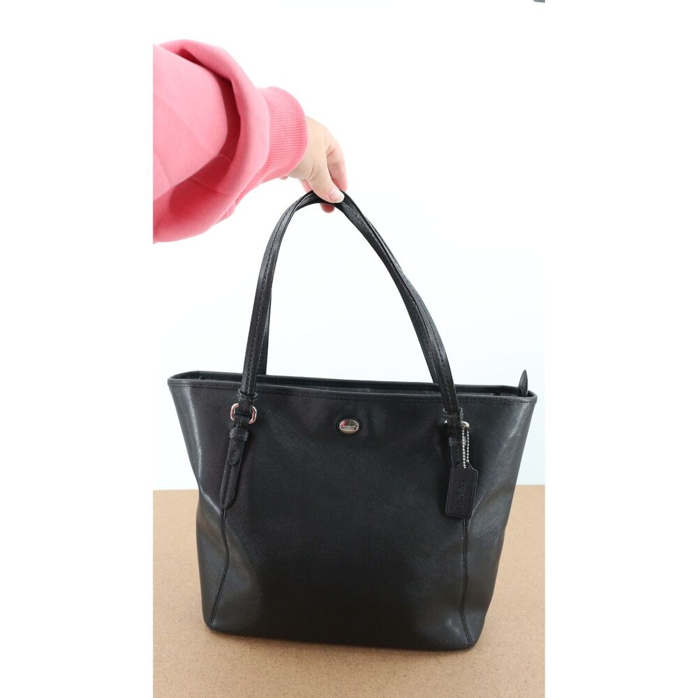 Coach Peyton Leather Zip Top Tote Shoulder Bag Large Black Saffiano